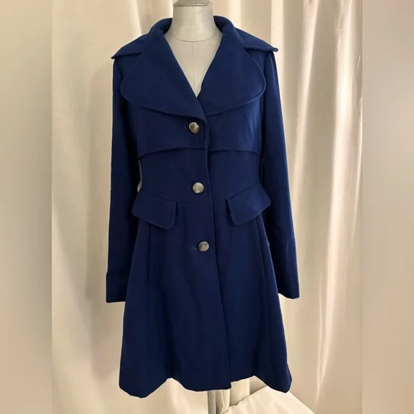 Jessica Simpson Wool Pea Coat Navy Fit Flare Trench Overcoat Classic Style Med - Picture 2 of 13